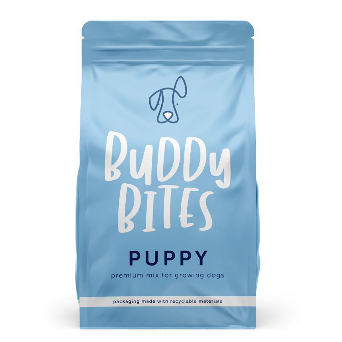 Blue puppy food pouch with BUDDY BITES logo, Puppy front text