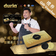 Duria gift voucher with gold mooncake box and black-and-cream snowy mooncakes