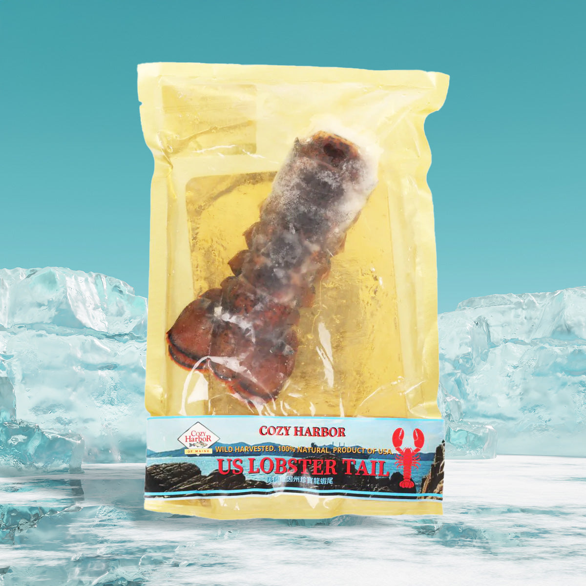 Frozen lobster tail in yellow sealed bag with dark, curved tail meat