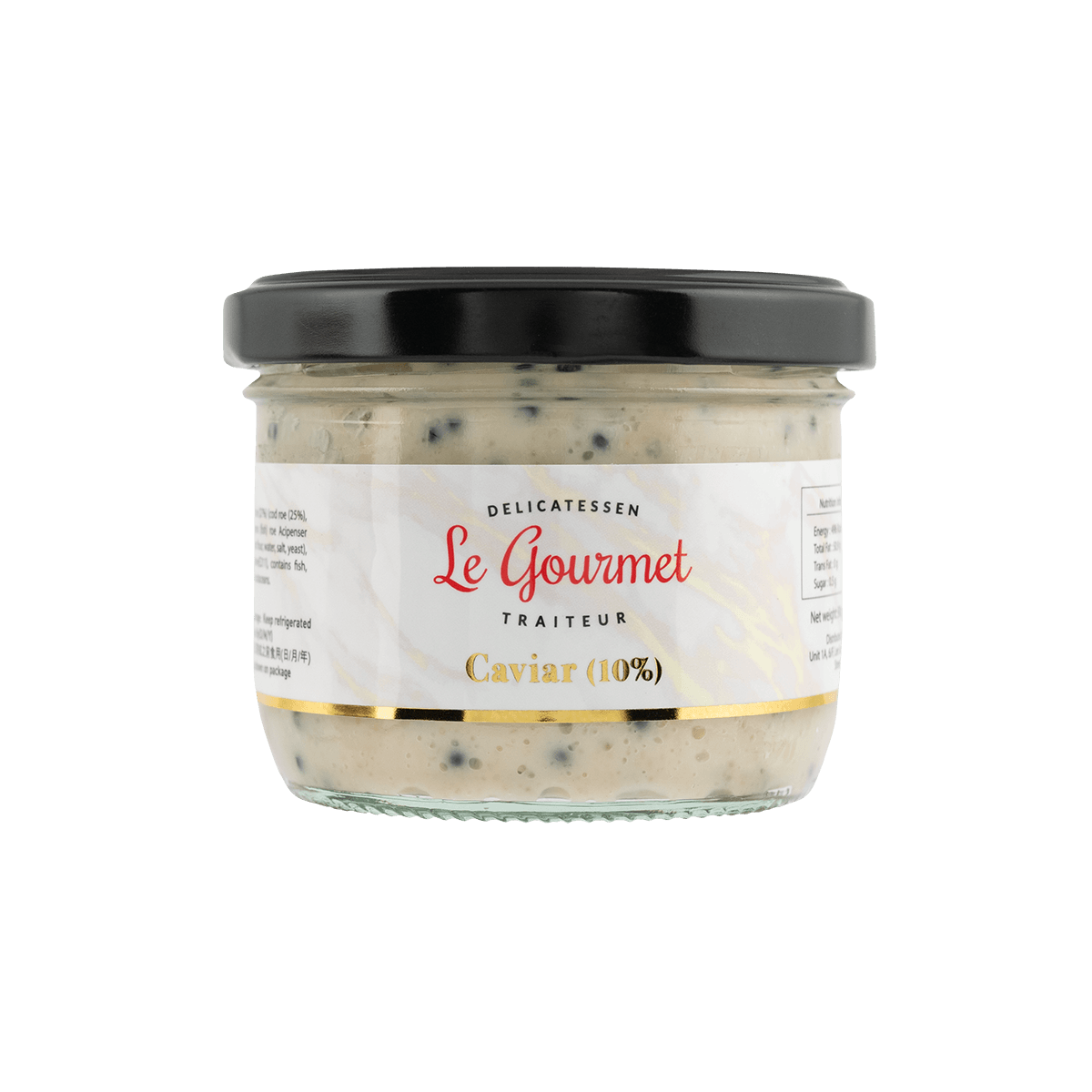Le Gourmet caviar tarama in glass jar with black lid and cream label