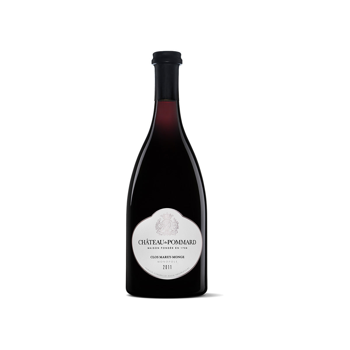 Wine bottle with dark glass, black cap, and round label