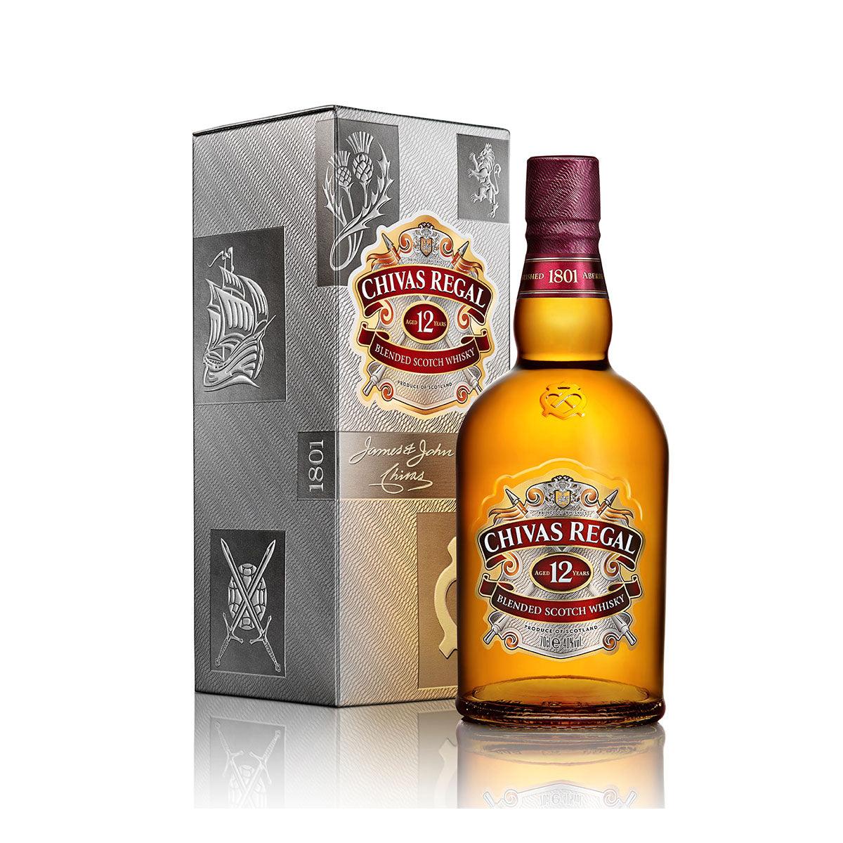 CHIVAS REGAL 12 blended Scotch whisky bottle with gold label and gift box