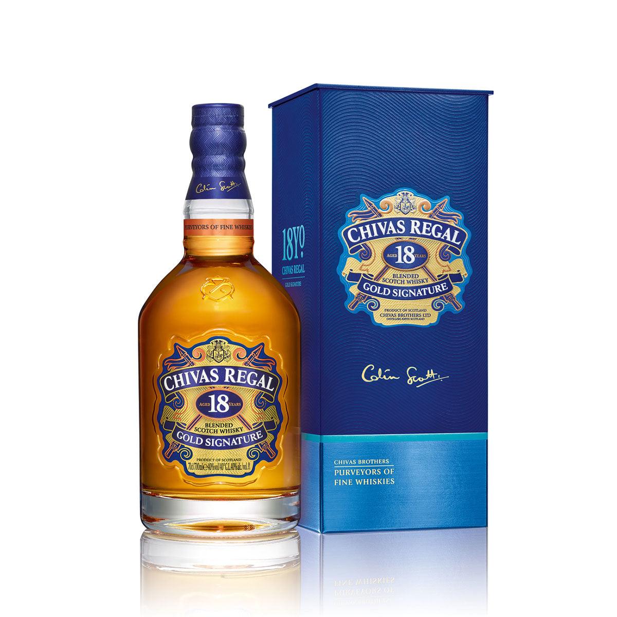 CHIVAS REGAL 18 blended whisky bottle with Gold Signature label and blue gift box