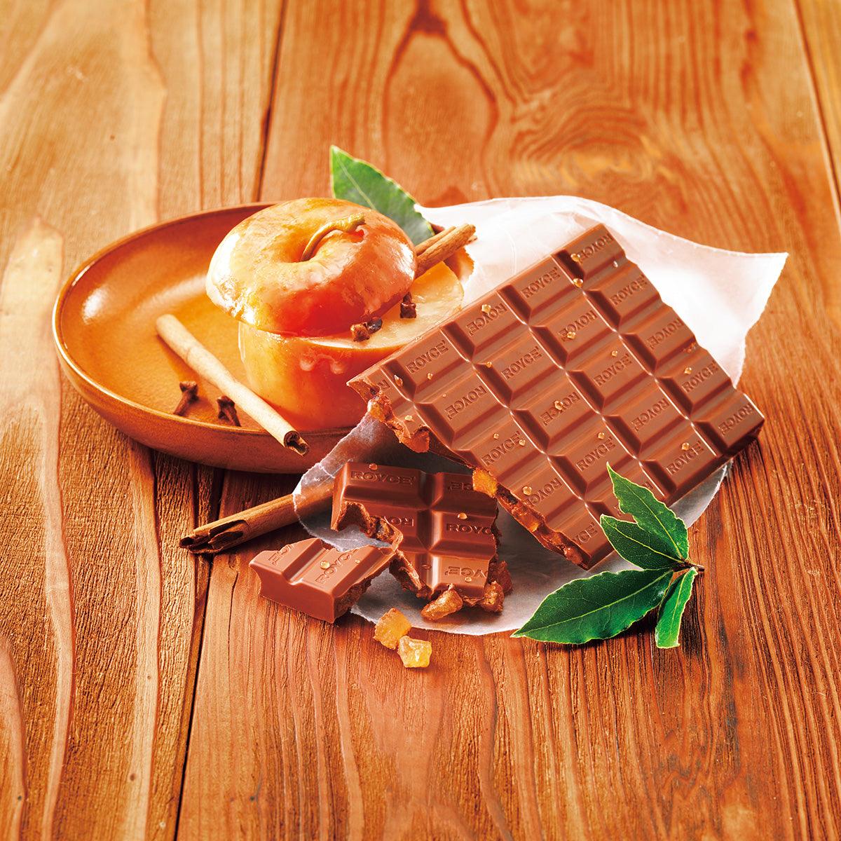 Baked apple chocolate bar pieces with apple slice and cinnamon sticks on plate