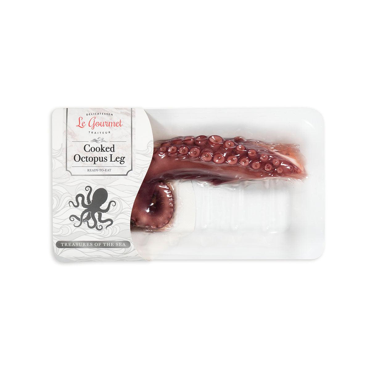 Cooked octopus leg in a white sealed tray with product label