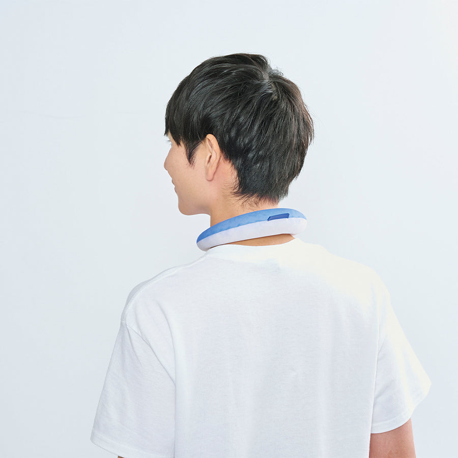 Light blue cooling neck ring around neck, viewed from the back