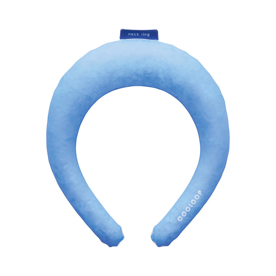 Back view of light blue cooling neck ring with “cooloop” branding