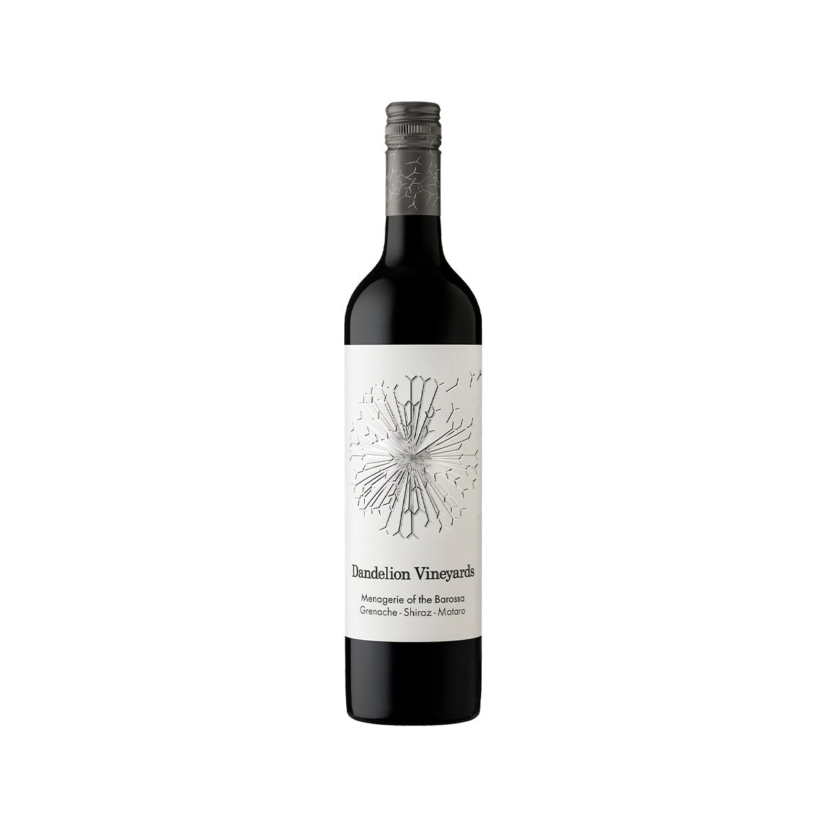 Dandelion Vineyards wine bottle with Menagerie label, dark glass and cream label