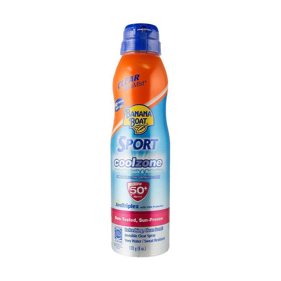 BANANA BOAT Sport Coolzone SPF50 cooling sunscreen spray bottle, blue orange front label