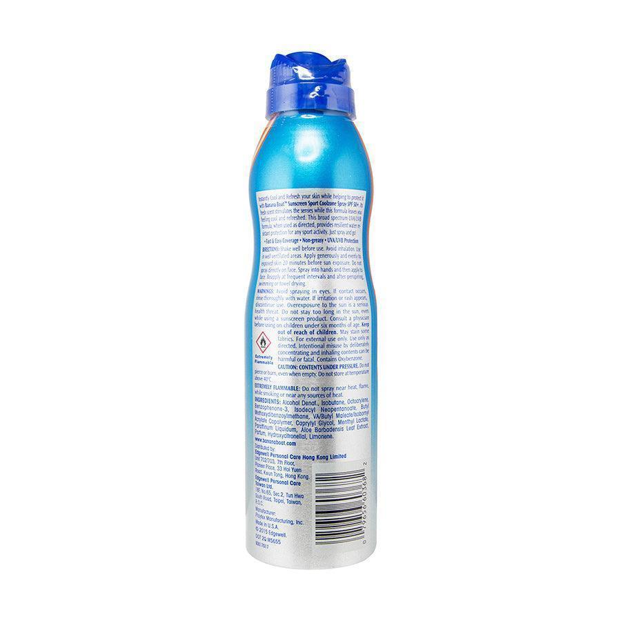 BANANA BOAT Sport Coolzone SPF50 sunscreen spray bottle, back with blue text and barcode