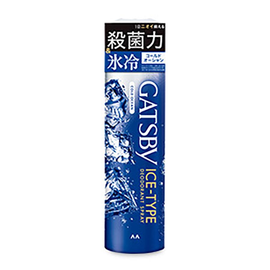GATSBY ice-type deodorant spray can, blue with icy wave graphics