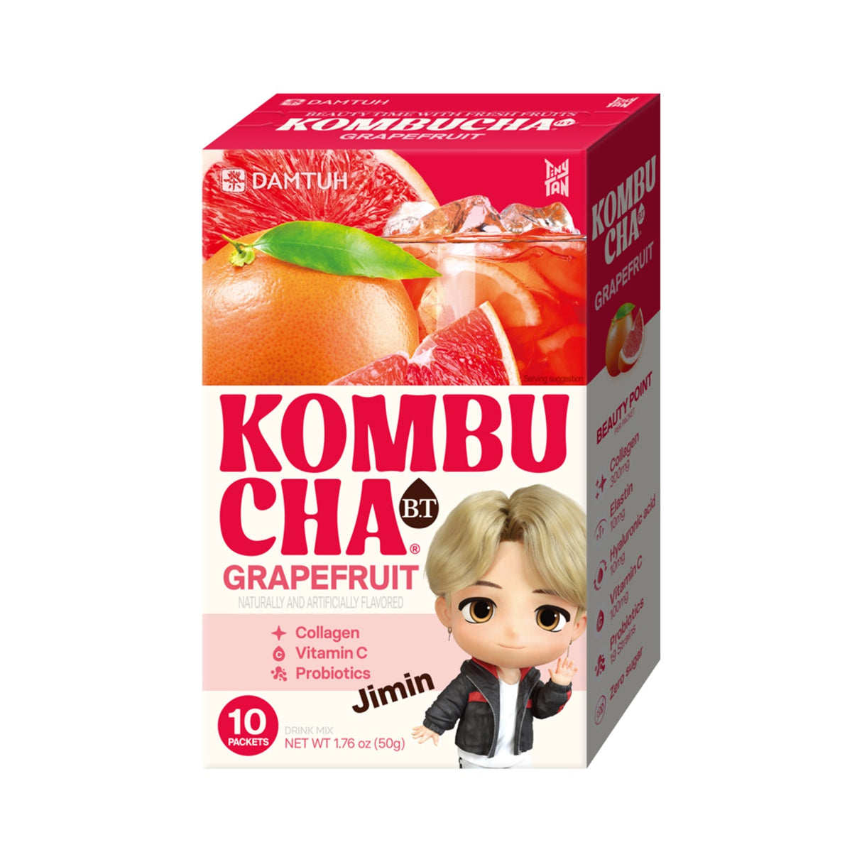Kombucha tea powder box, Grapefruit flavor, with cartoon boy in black jacket