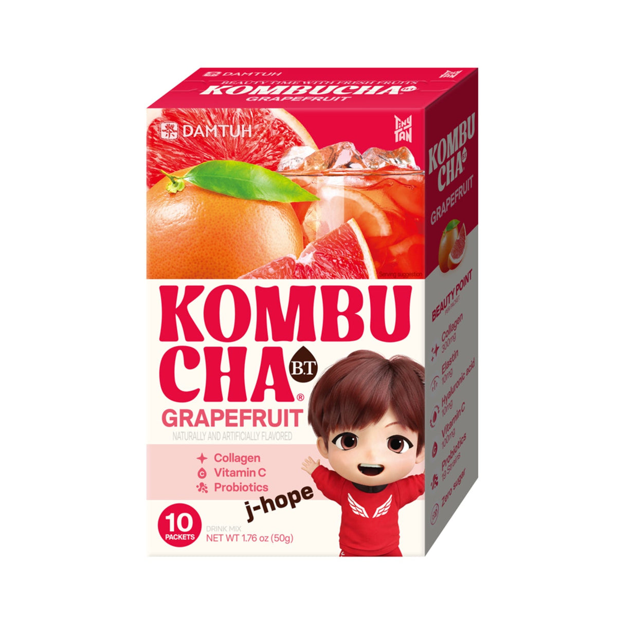 Kombucha tea powder box, Grapefruit flavor, with cartoon boy in red outfit