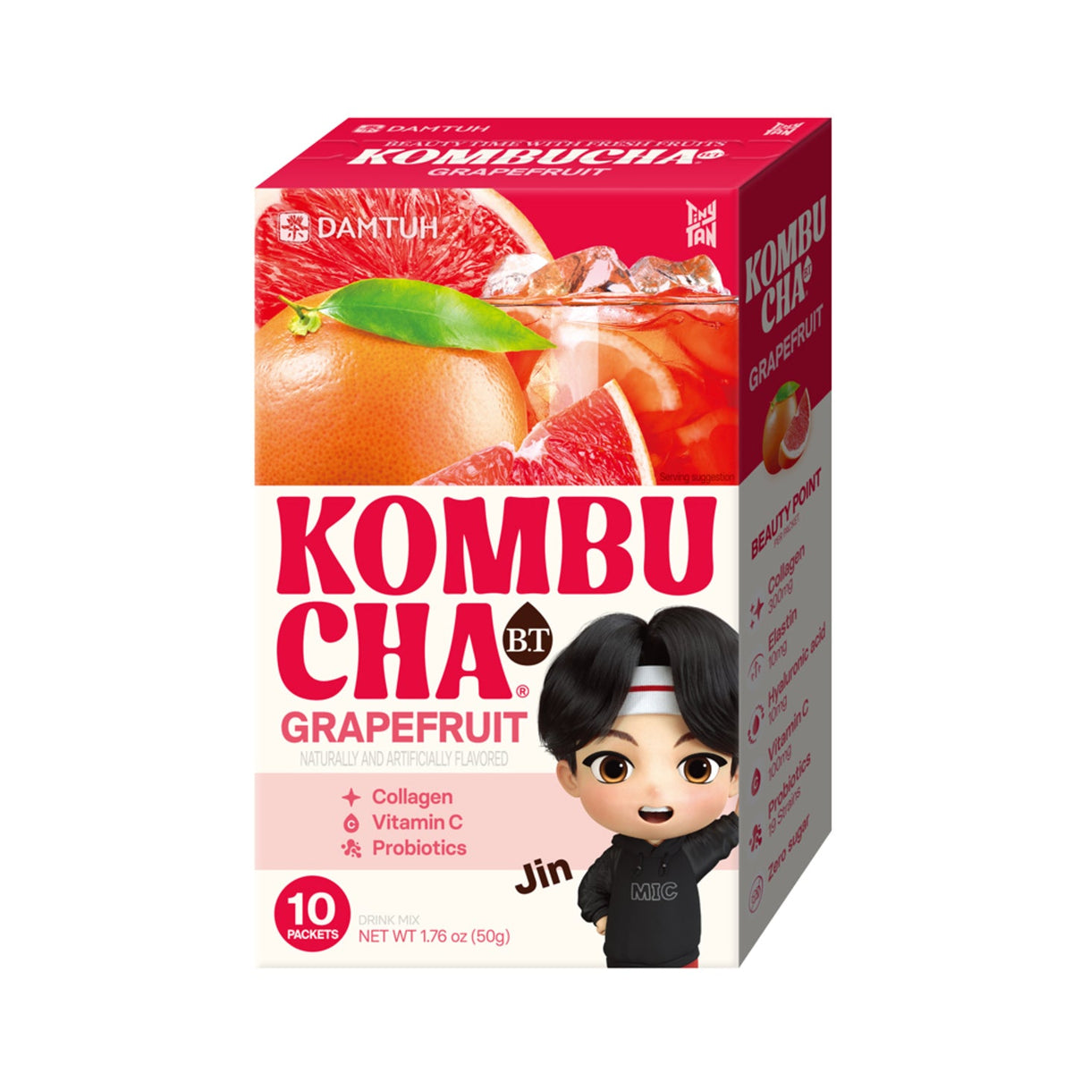 Kombucha tea powder box, Grapefruit flavor, with cartoon boy with black hair