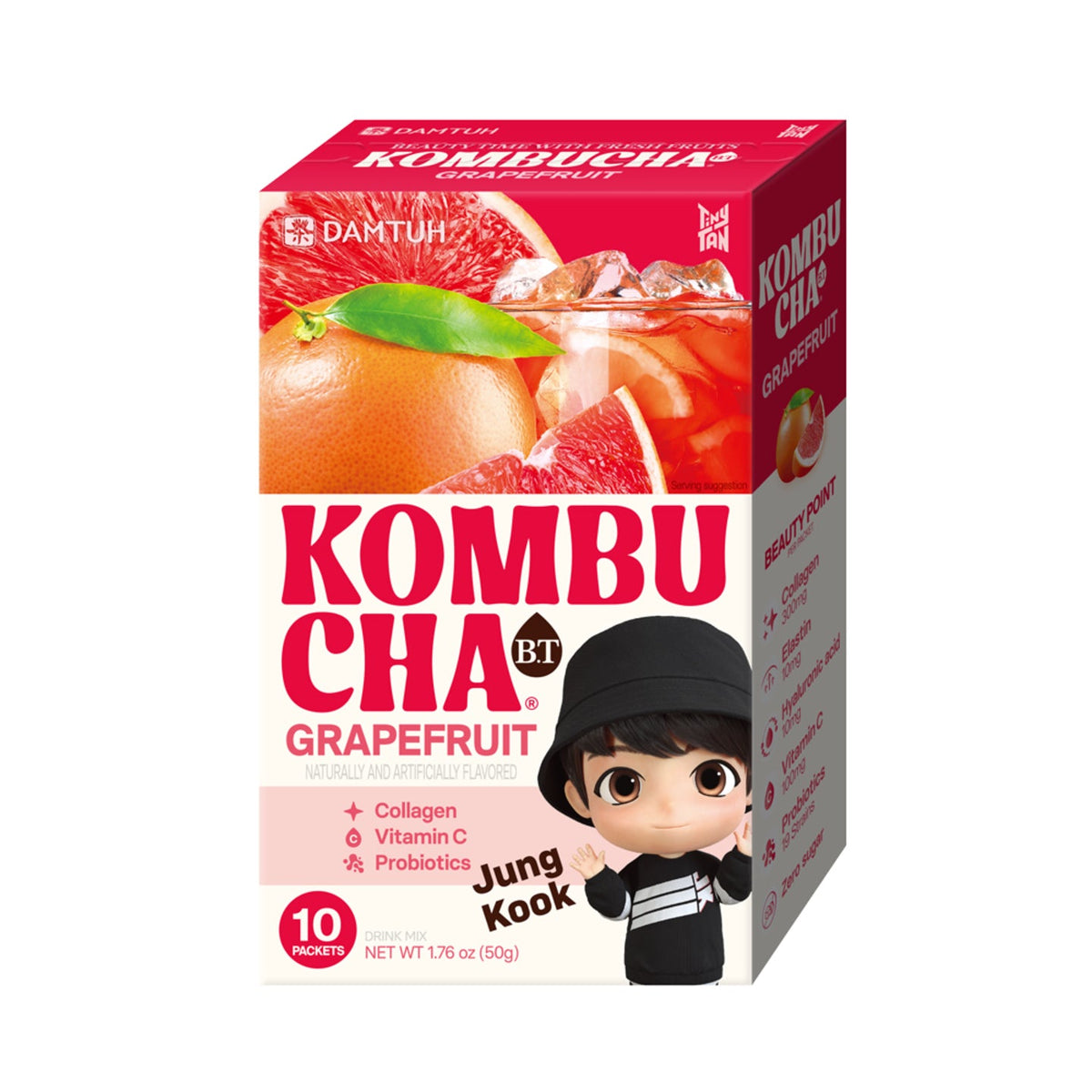 Kombucha tea powder box, Grapefruit flavor, with cartoon boy in dark cap and coat