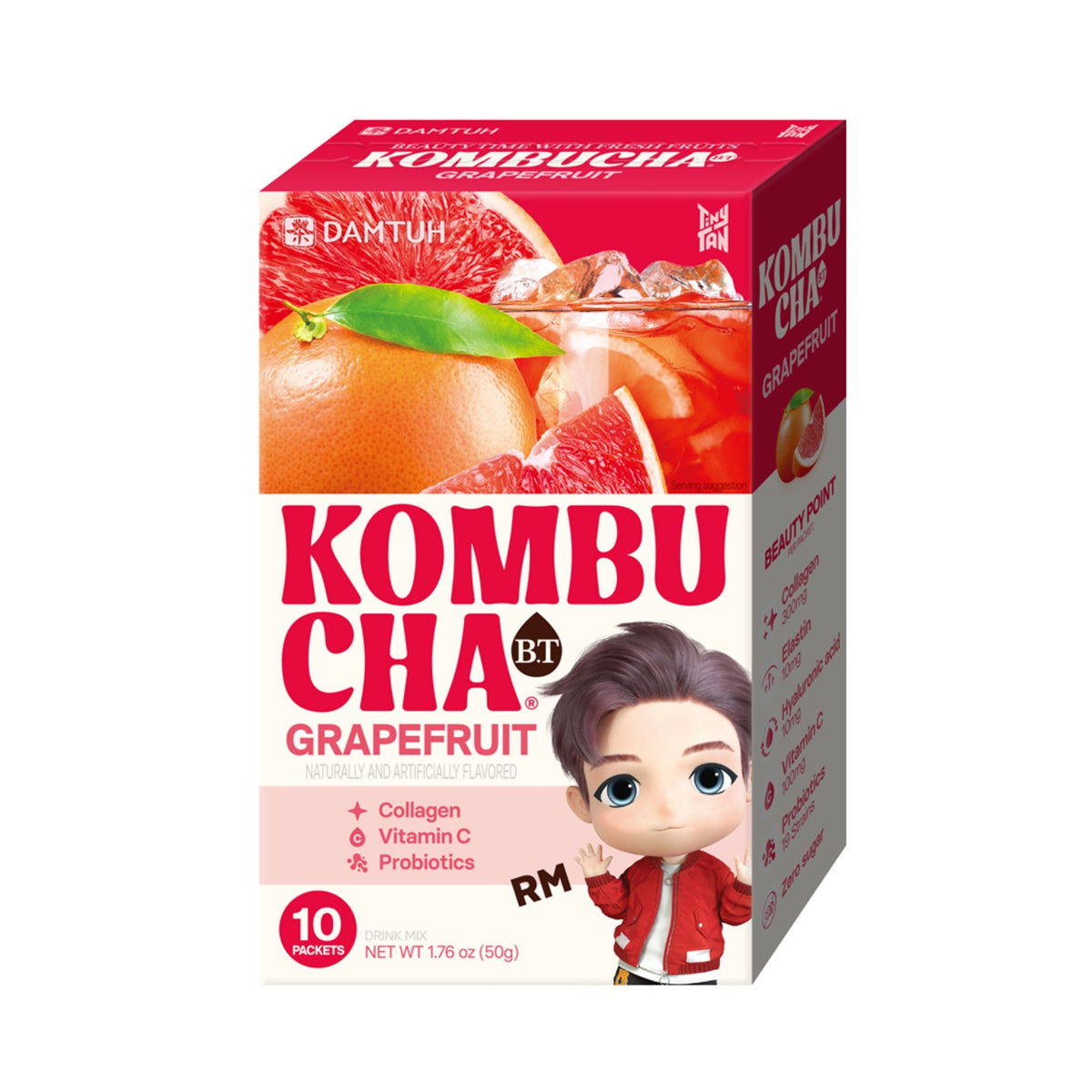 Kombucha tea powder box, Grapefruit flavor, with cartoon boy in red hoodie
