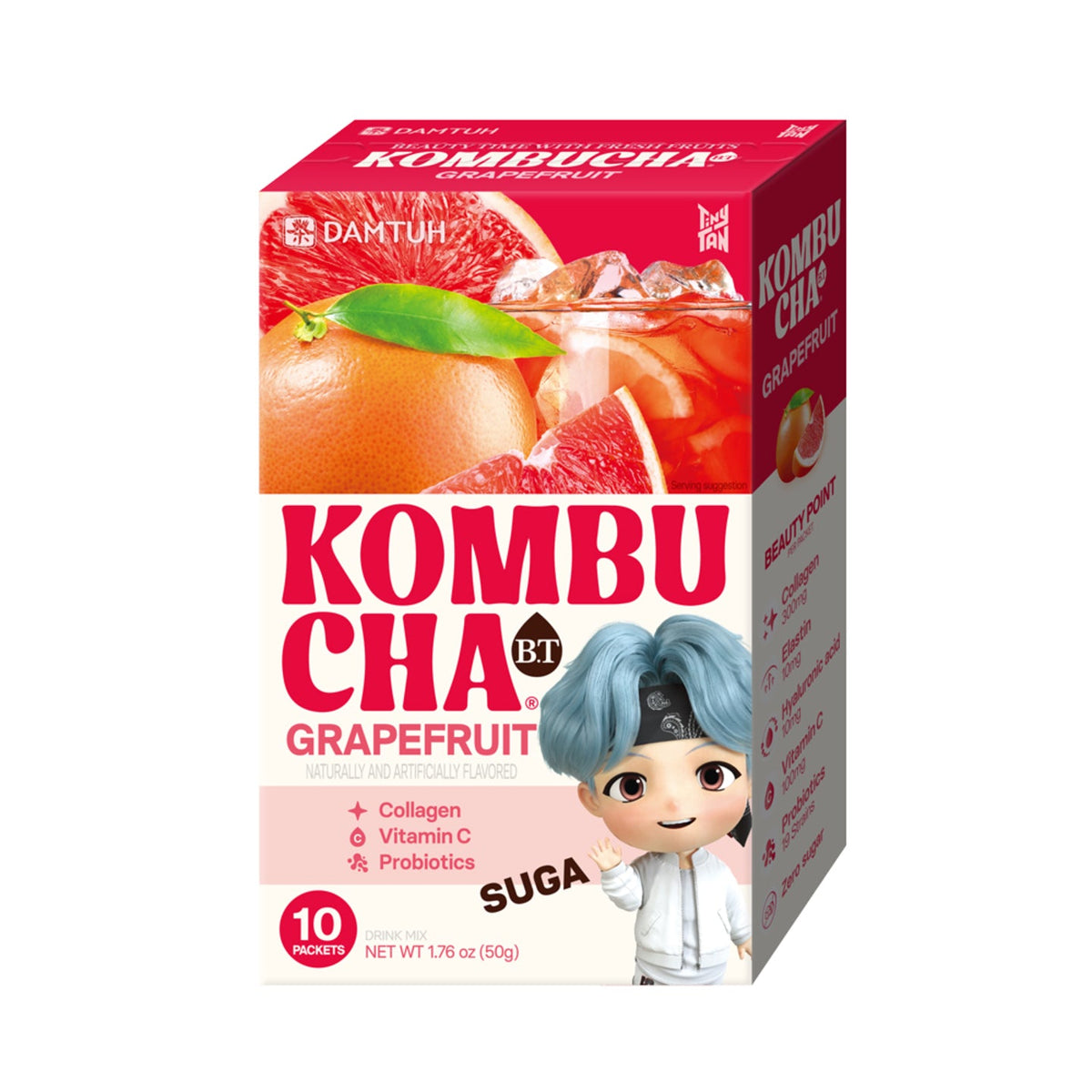 Kombucha tea powder box, Grapefruit flavor, with cartoon boy with blue hair