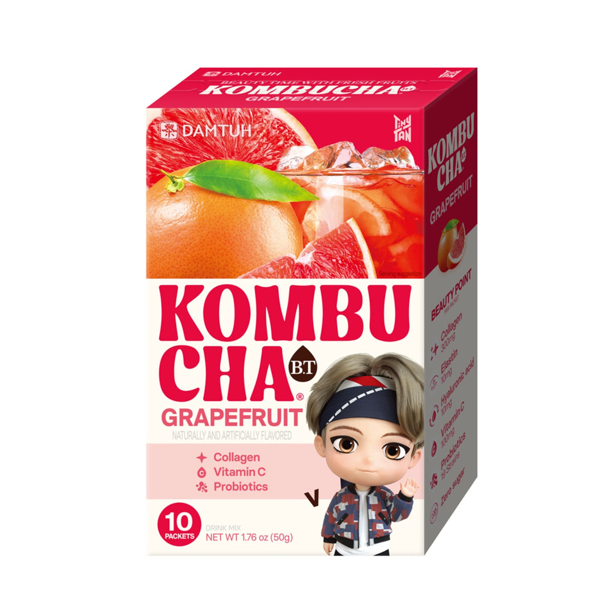 Kombucha tea powder box, Grapefruit flavor, with cartoon boy in patterned jacket