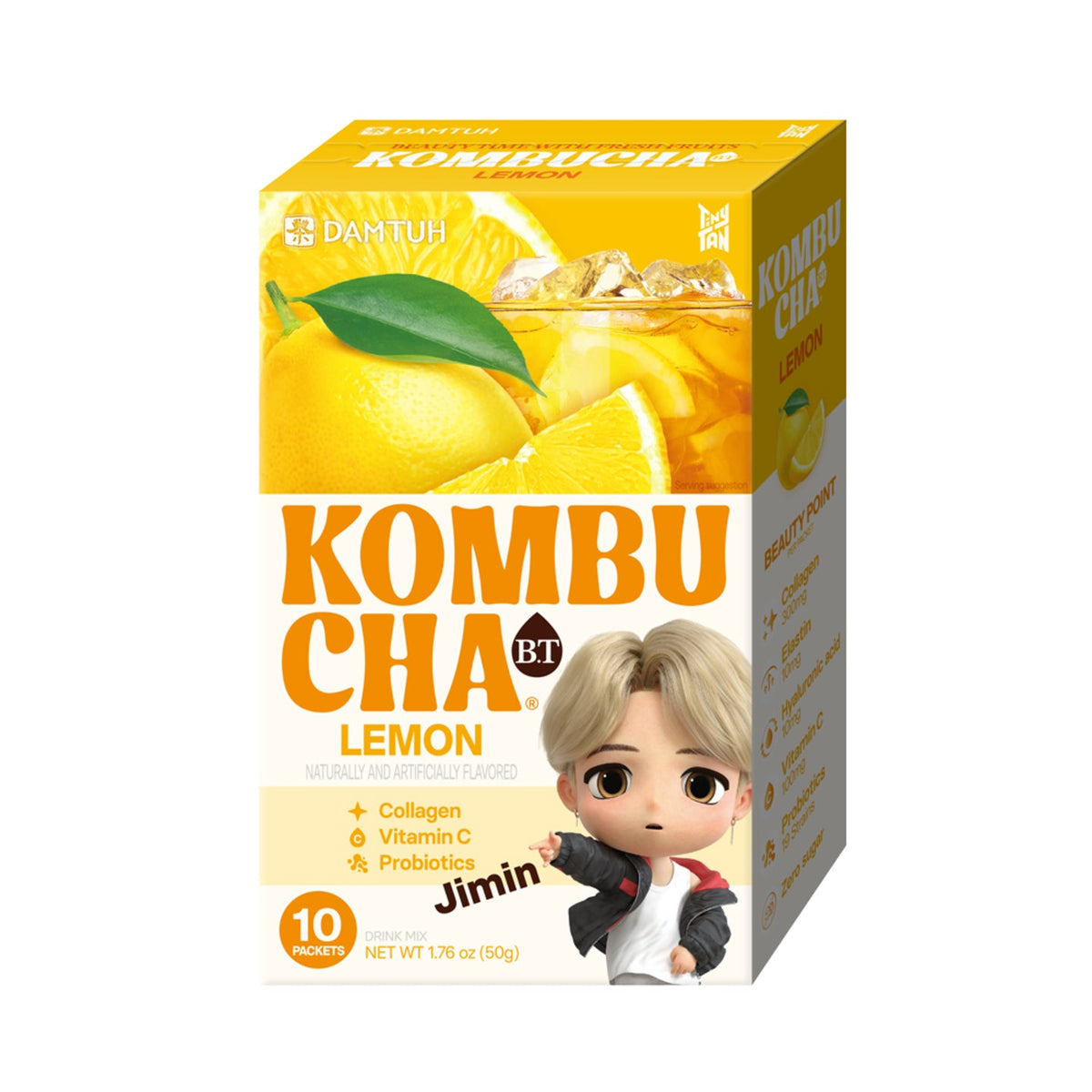 Lemon kombucha tea packet box with yellow fruit and blonde character holding hand
