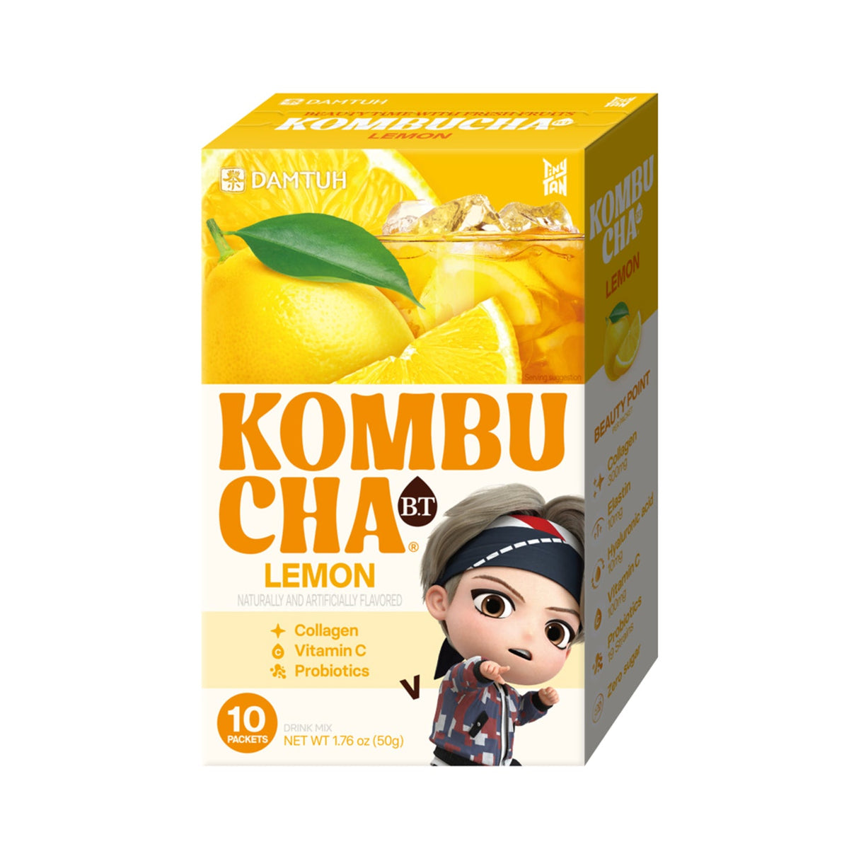 Lemon kombucha tea packet box with yellow fruit and character in dark hat