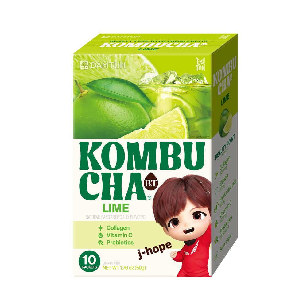 Lime green Kombucha tea box with cartoon girl character, 10 packets (50 g)