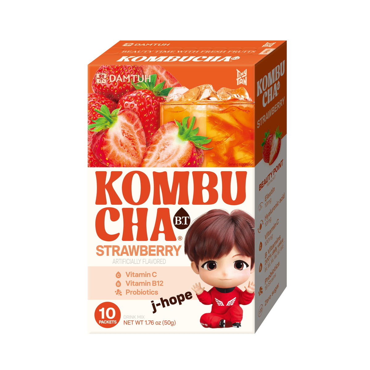 DAMTUH Kombucha Cha strawberry flavor drink mix box with red-clad character, 10/50g