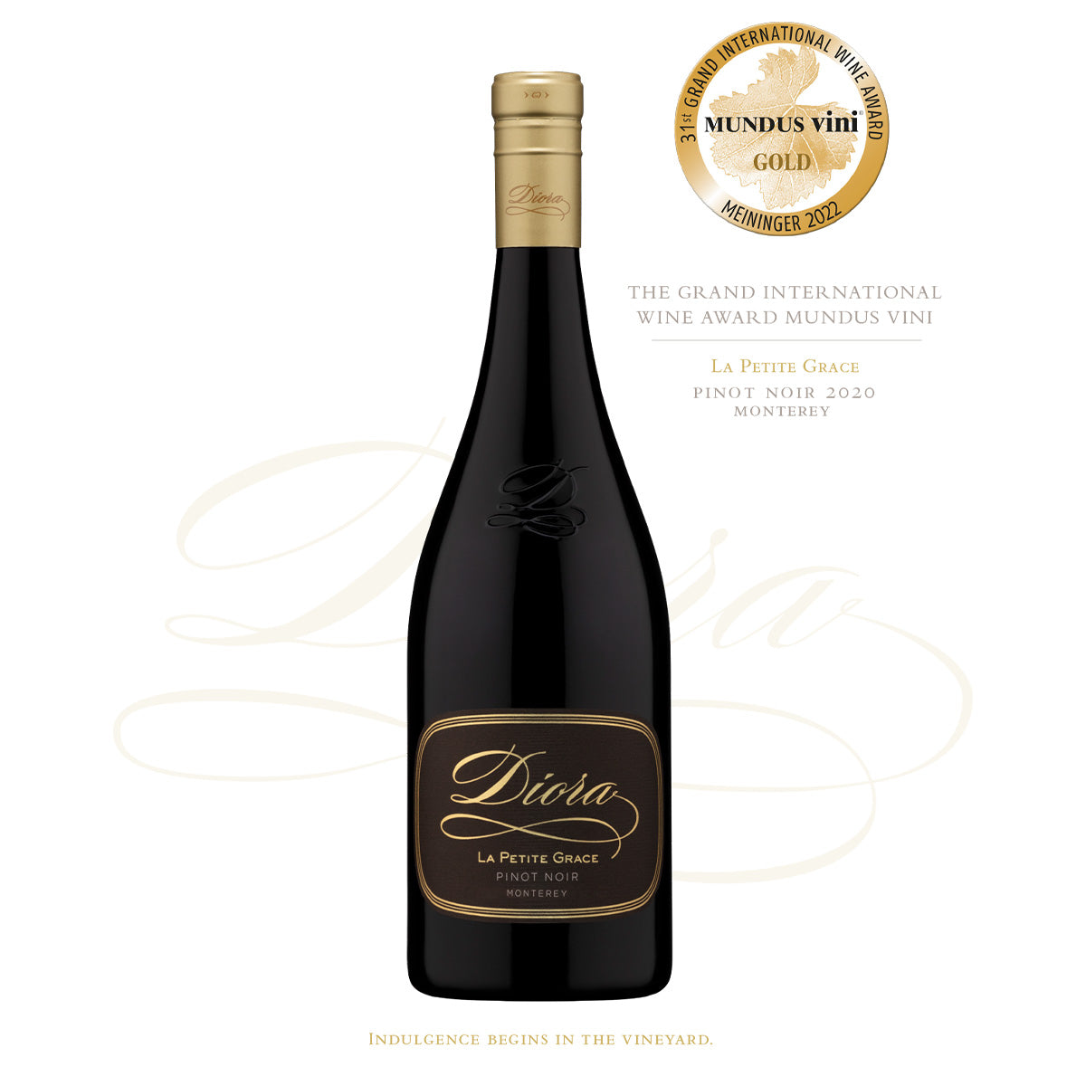 DIORA Pinot Noir wine bottle with award seal and gold label