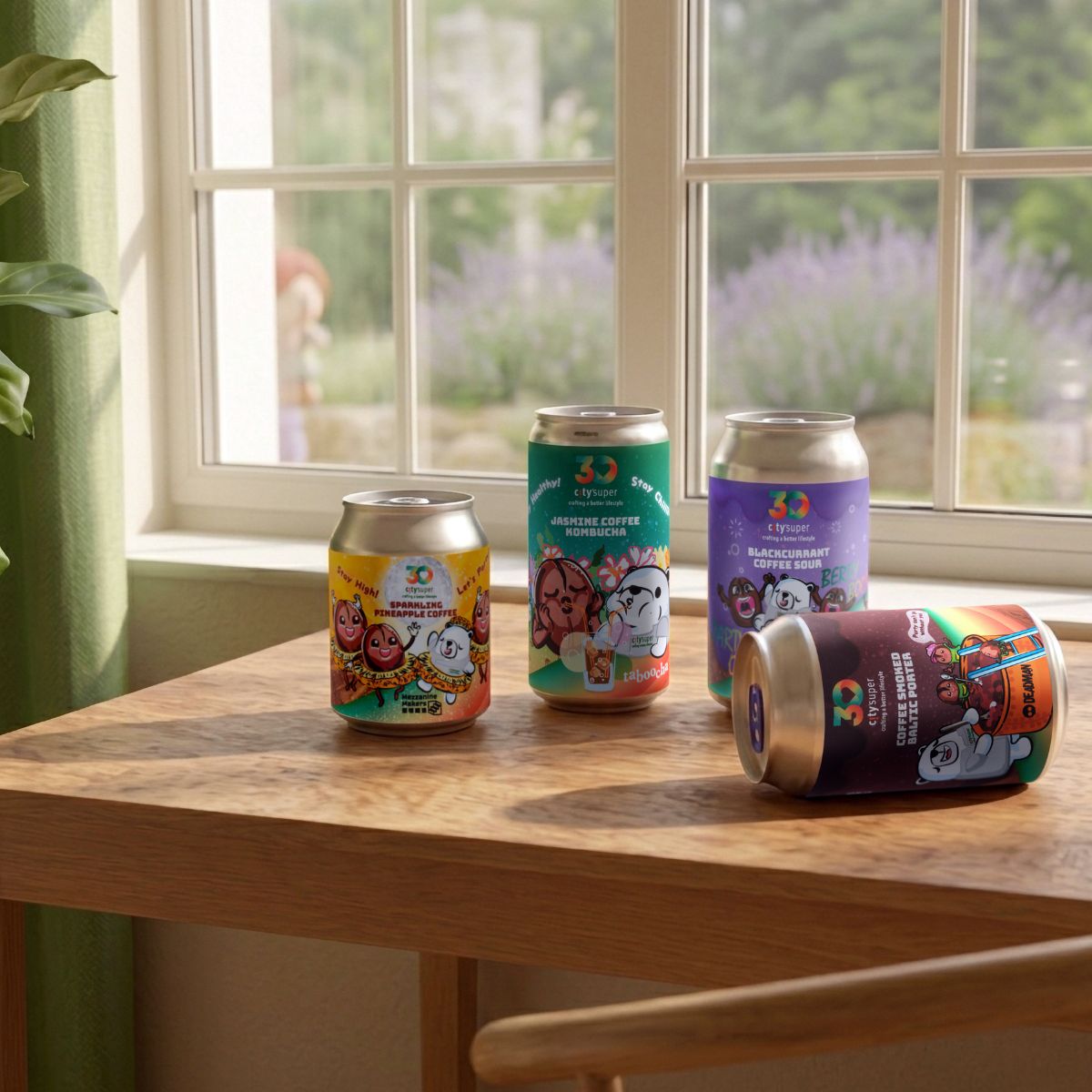 Four sparkling coffee drink cans on a wooden table with assorted colorful labels
