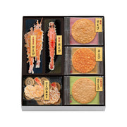 Shrimp cracker assortment gift box with orange and pale round and stick-shaped crackers
