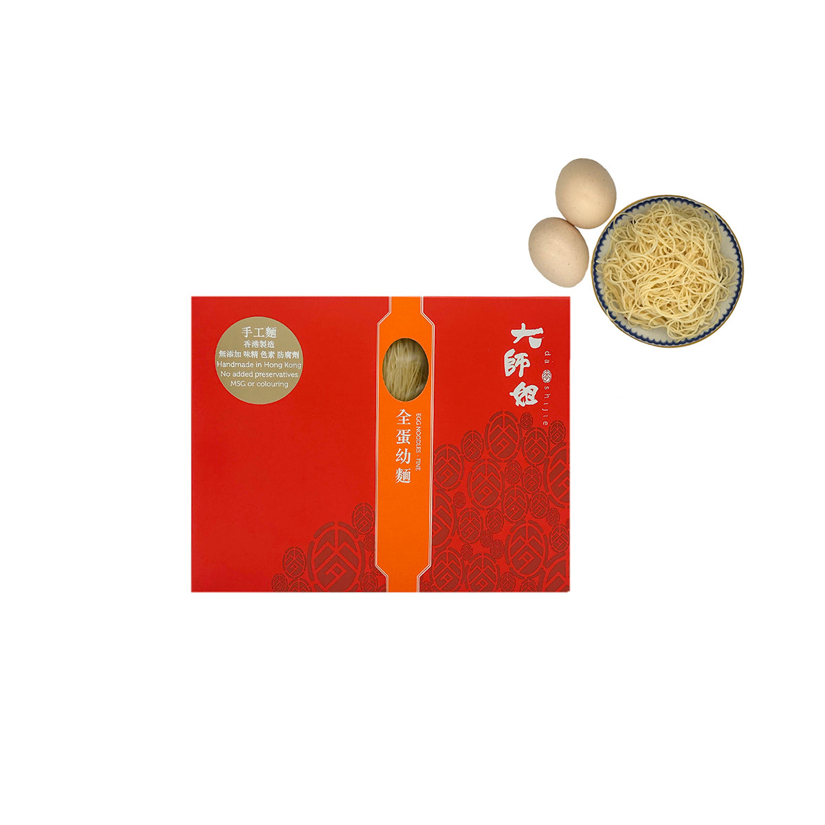 Fine egg noodle packaging with red box and bowl of thin yellow noodles