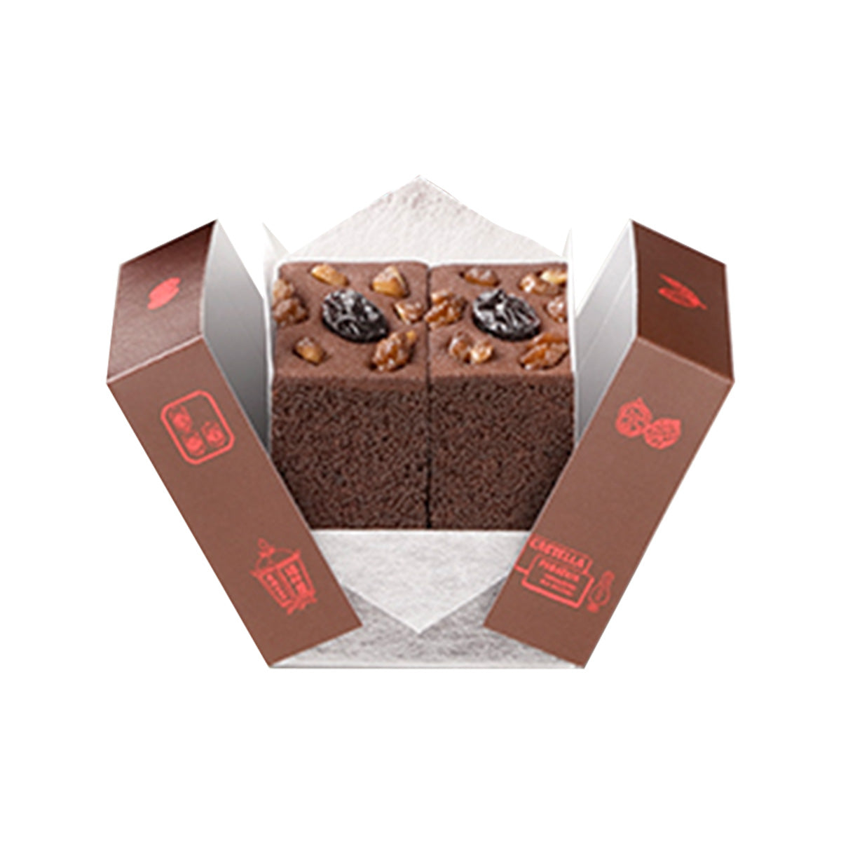 Cube Hollander cake slice in a brown box, cocoa crumb with nut toppings