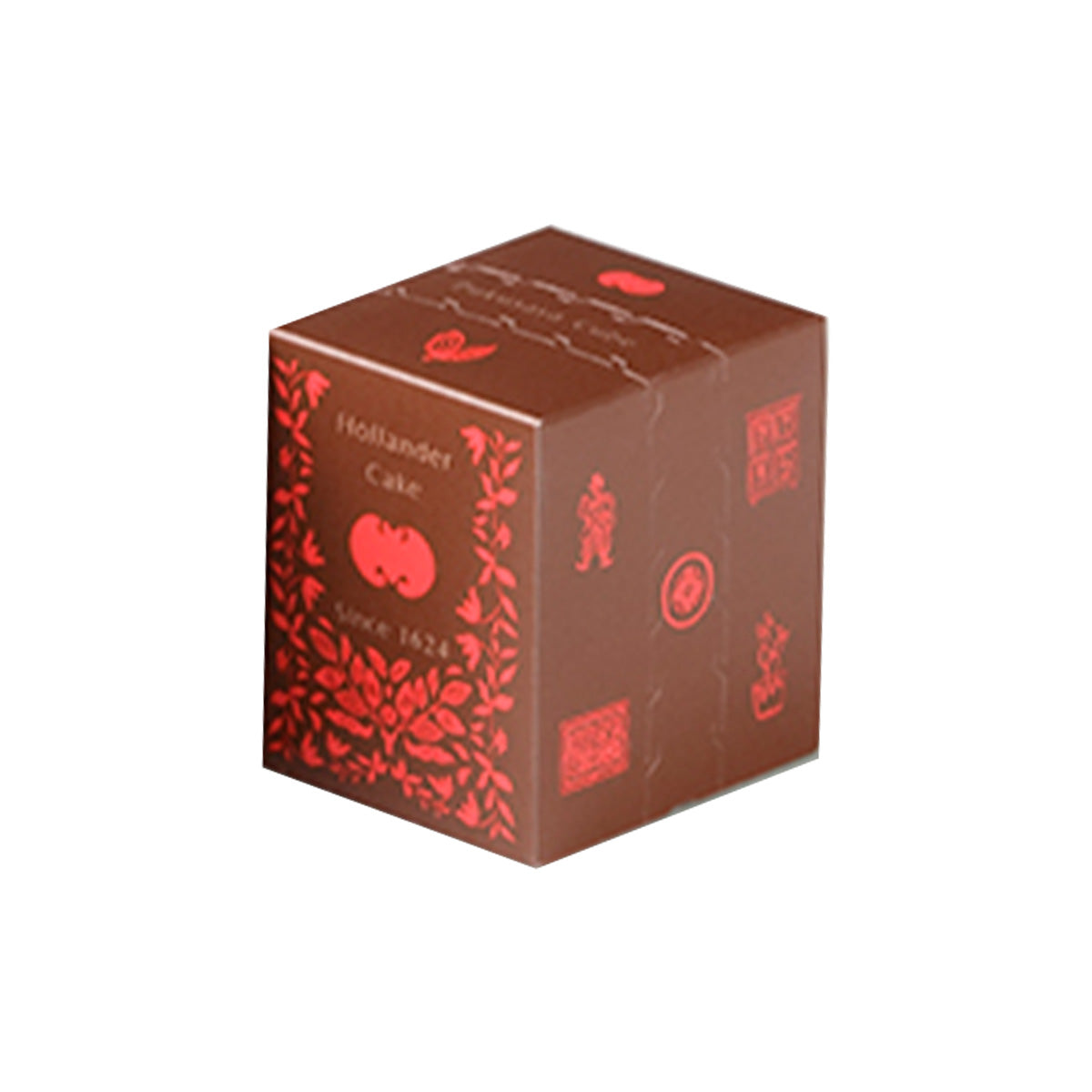 Cube Hollander cake gift box, dark brown with red floral graphics and logo