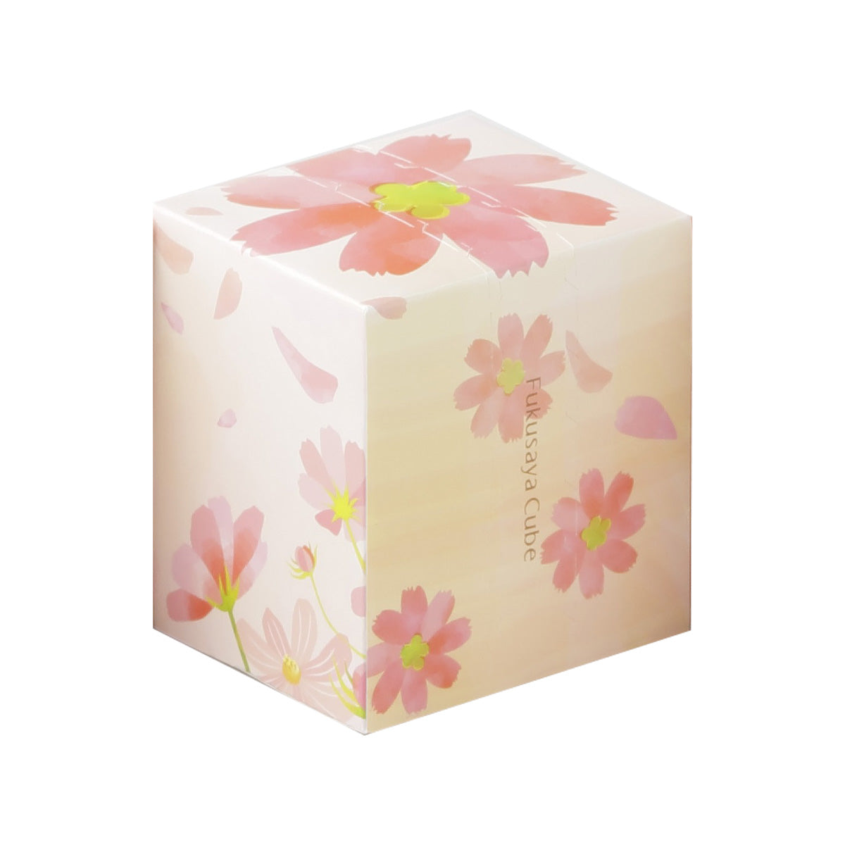Floral cube cake package box with FUKUSAYA branding text