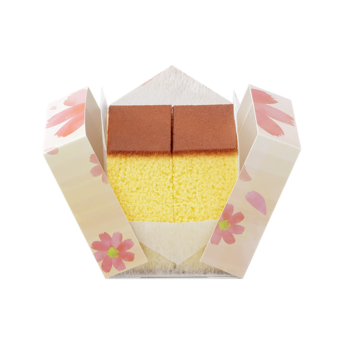 Cube castella cake with floral paper wrap, showing yellow sponge and brown top layer