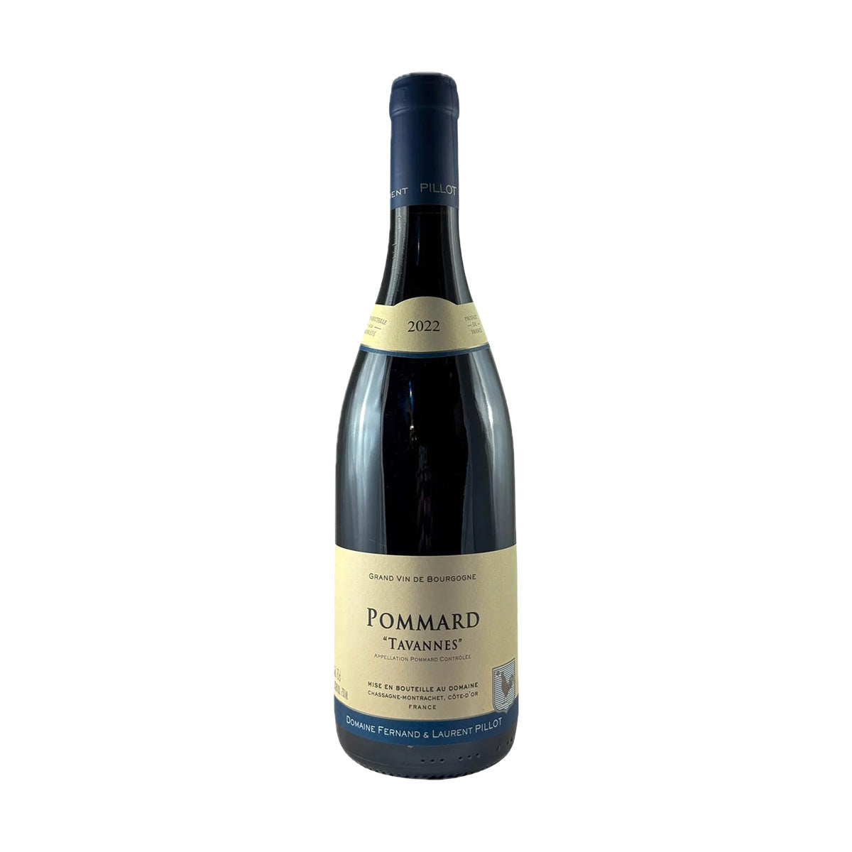 Dark glass Pommard Tavannes wine bottle, 750 mL, with black cap and cream label.