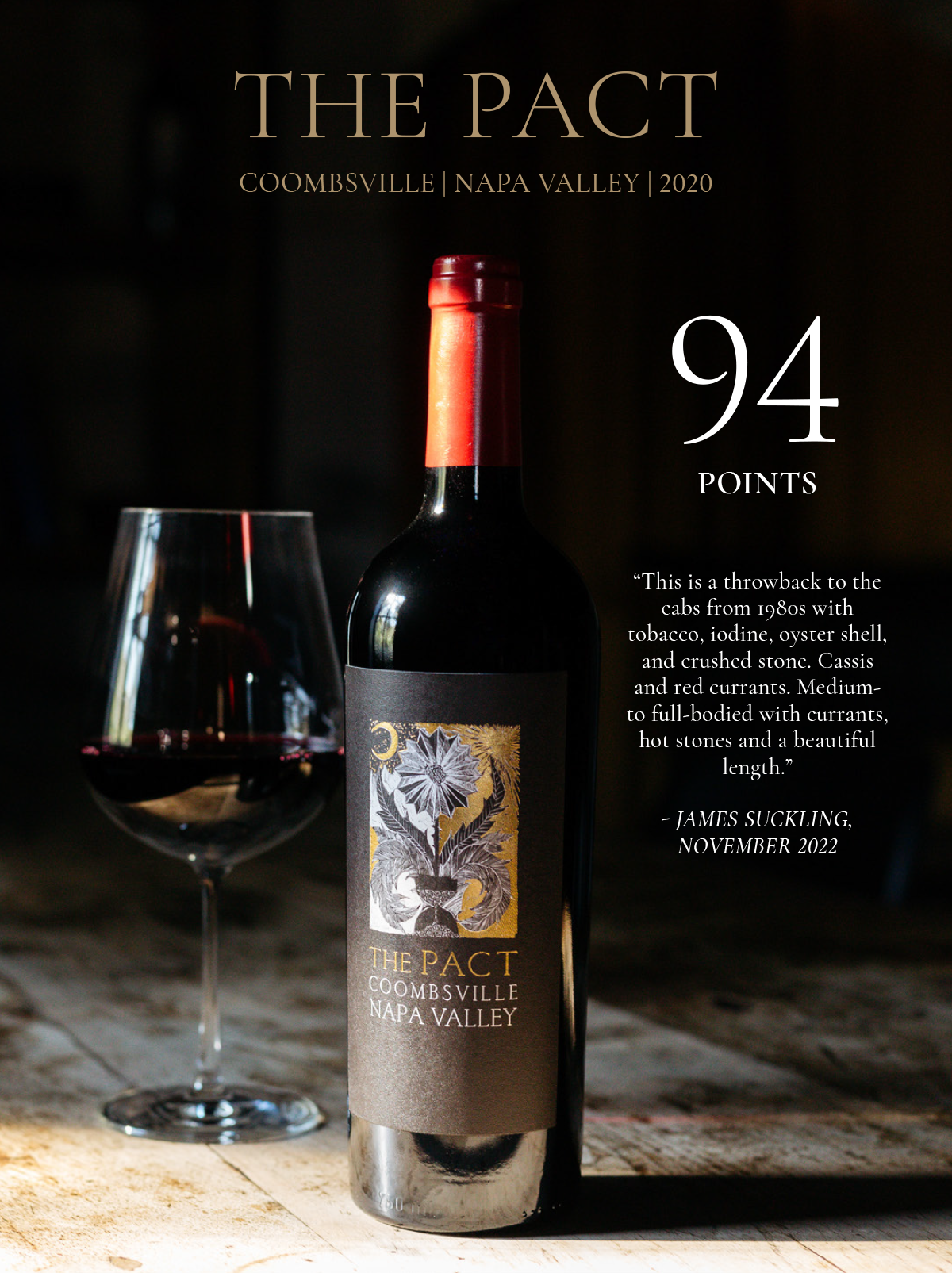 Cabernet Sauvignon wine bottle with 'The Pact' label and 94 points.