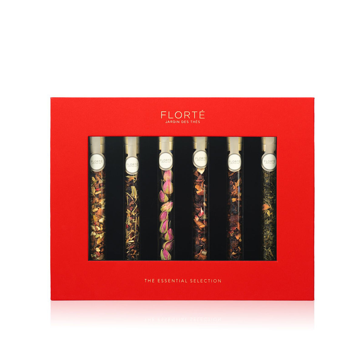 Red tea gift set box with window, assorted glass tube tea flavors