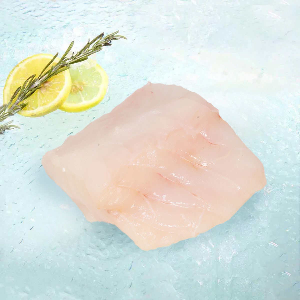 Chilled monkfish fish slice, pale pink raw fillet piece