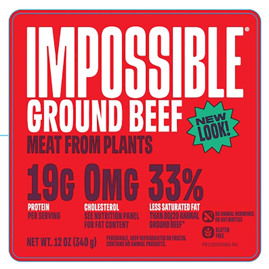 Impossible ground beef tray label: meat from plants, 19g protein, 0mg cholesterol