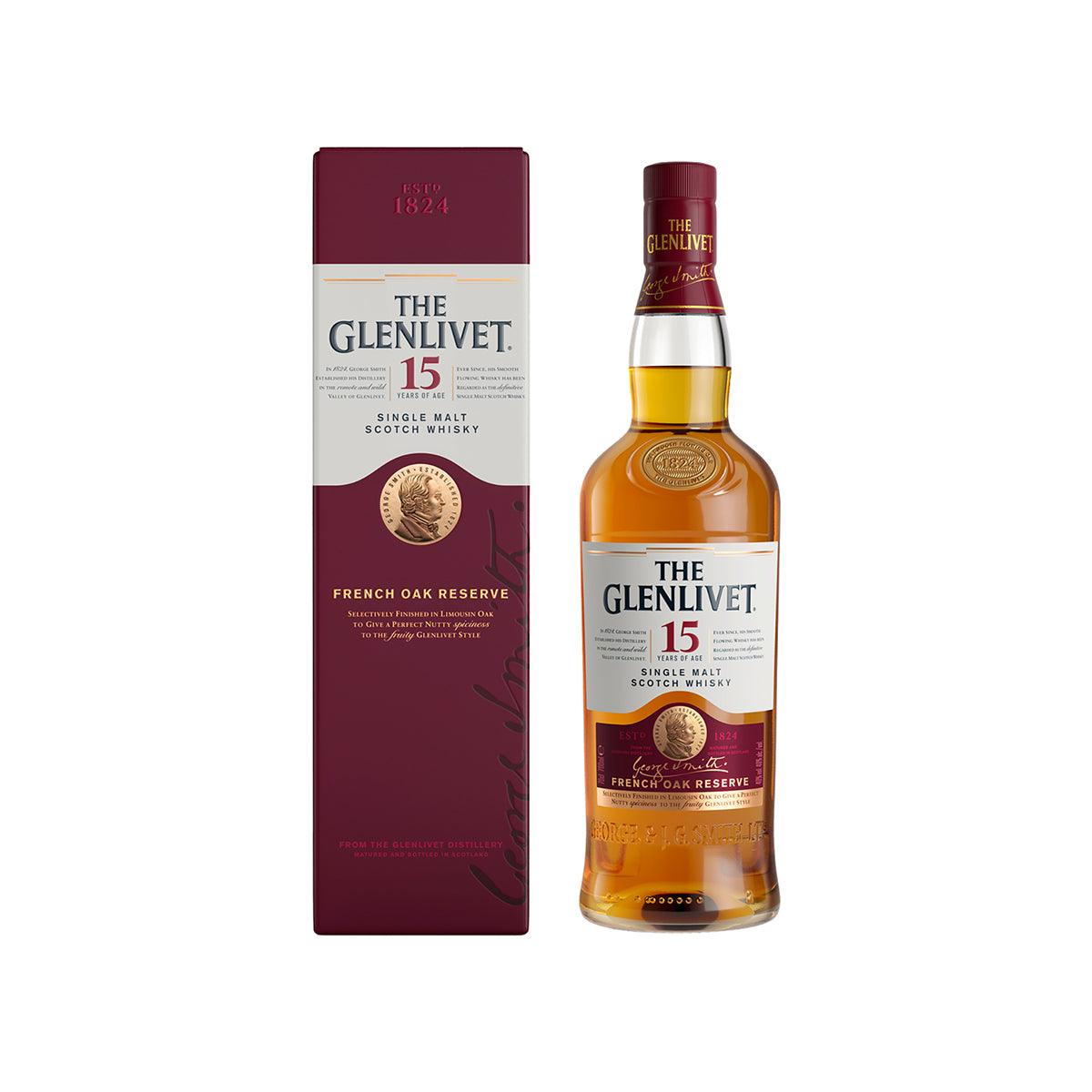 GLENLIVET 15-year single malt whisky bottle with amber liquid and maroon box