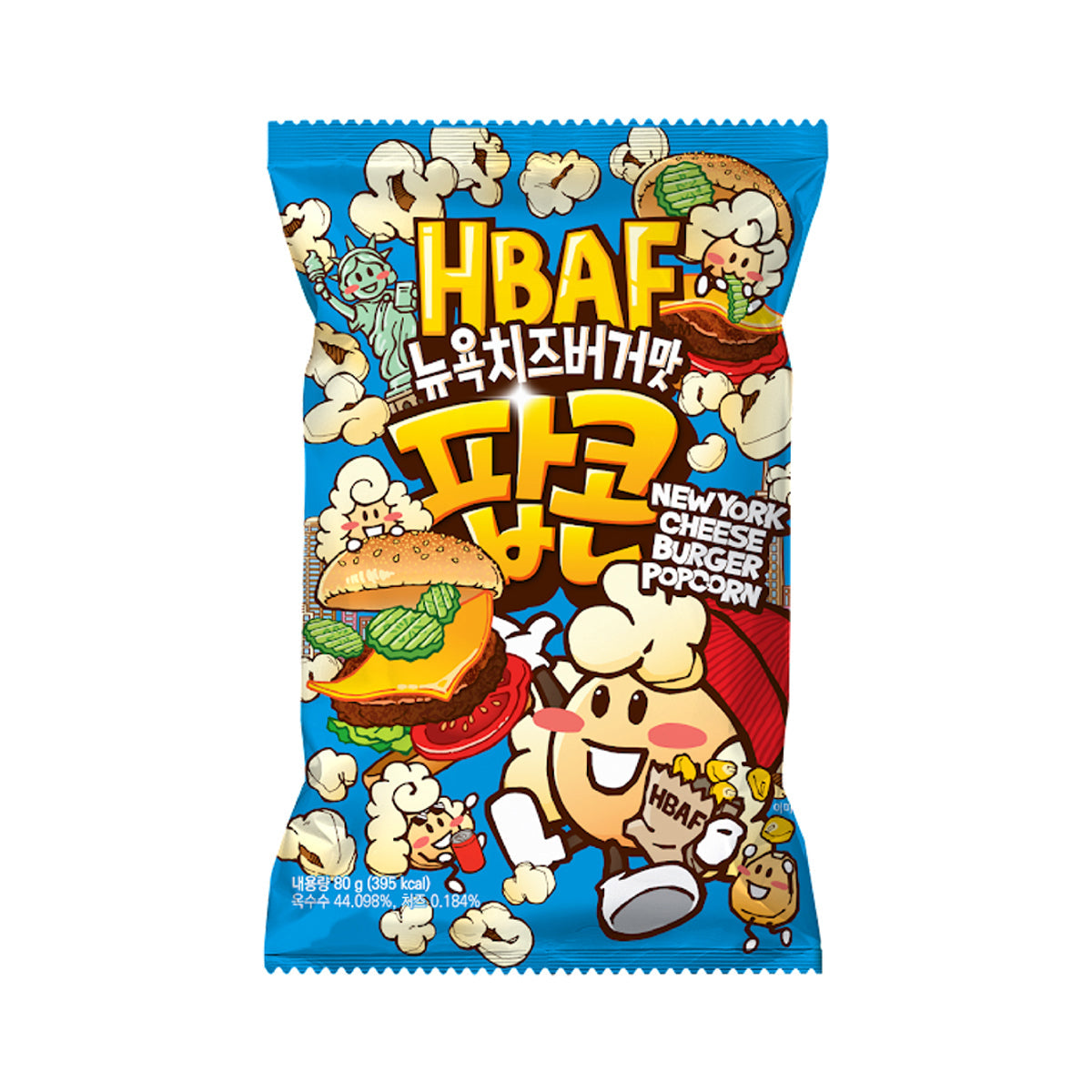 Blue HBAF popcorn bag with cheese burger artwork and HBAF logo