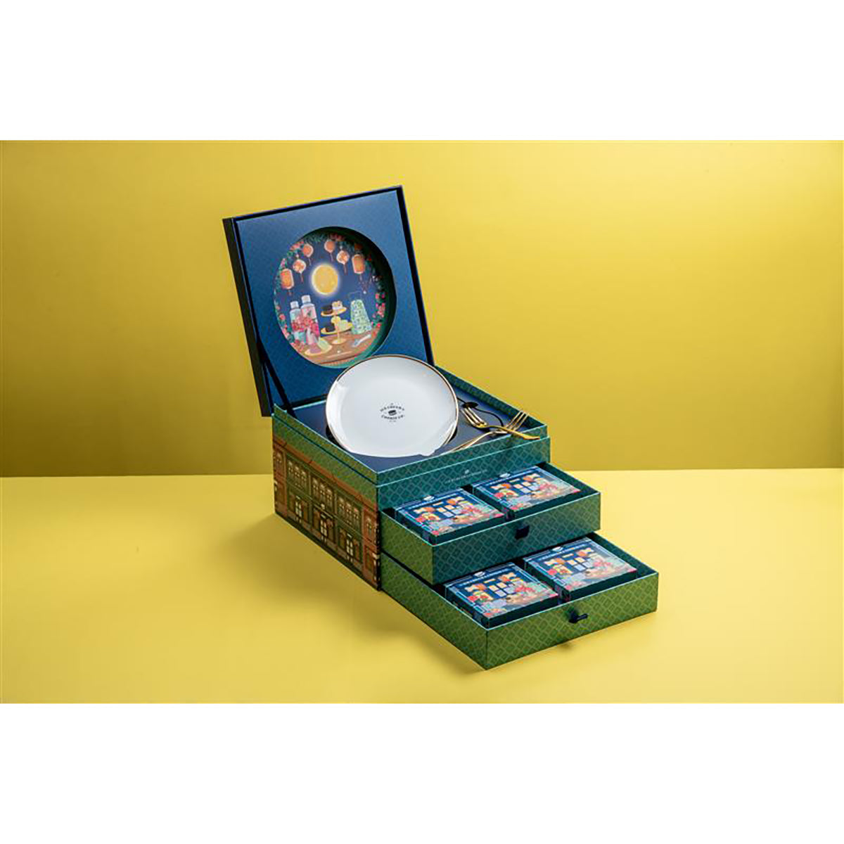 Mooncake gift set box with round white tin and two stacked drawer compartments