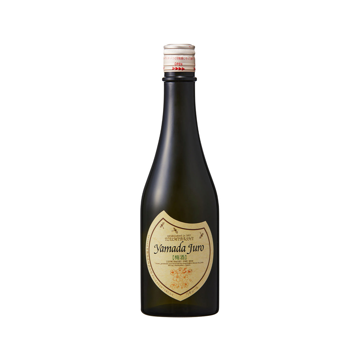 Umeshu bottle with gold crest label and red cap, 500 mL