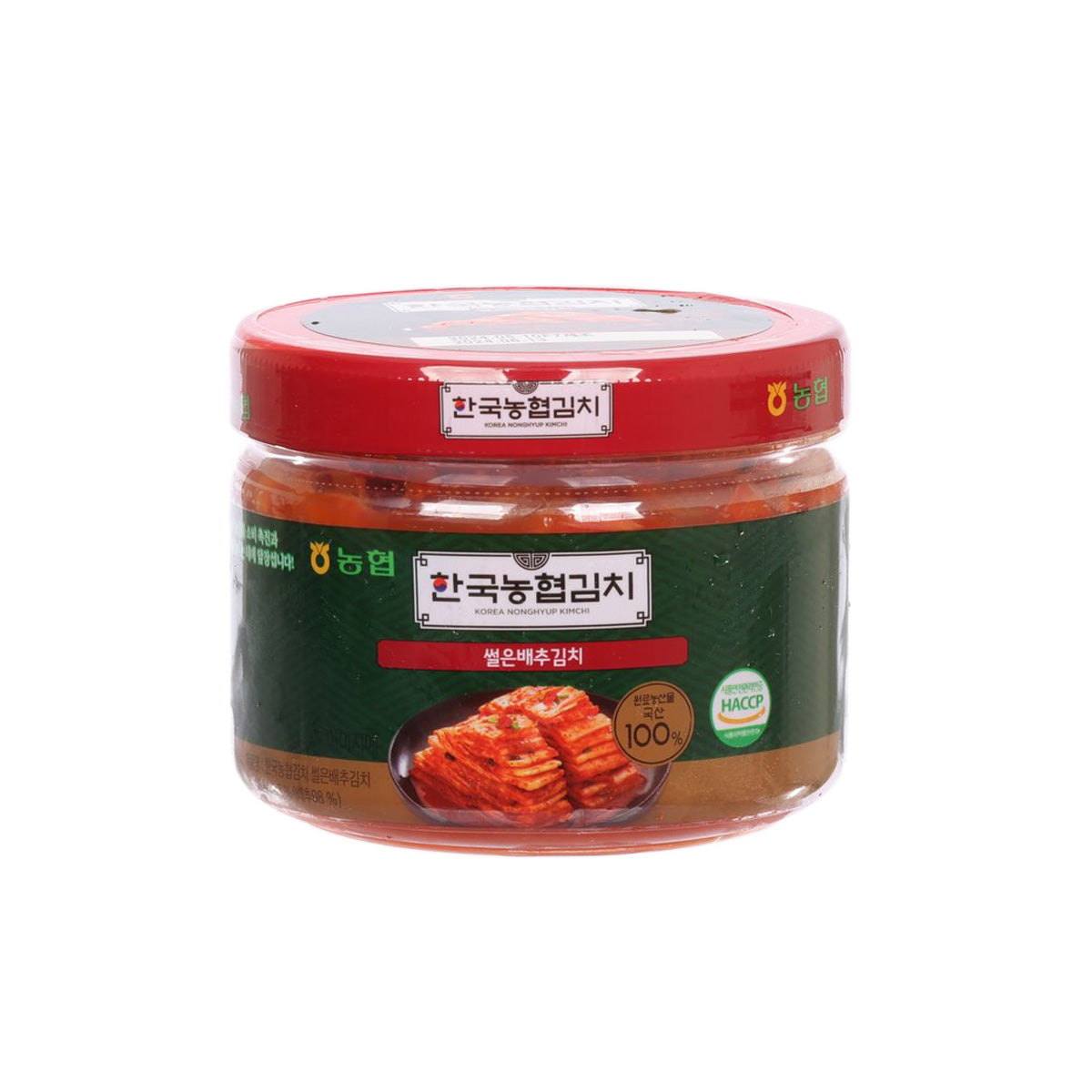 Sliced napa cabbage kimchi jar with red lid and green label, 300 g