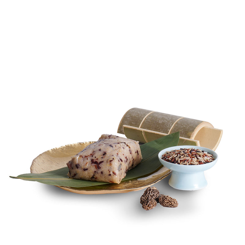 Shang Palace Morel Mushrooms, Imperial Fungus and Assorted Mushrooms with Five Grains Dumpling served in Bamboo Voucher (1pc)