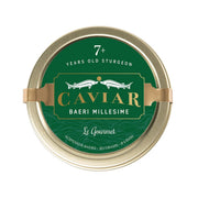 LE GOURMET Baeri Millesime caviar tin with green label and gold metal rim