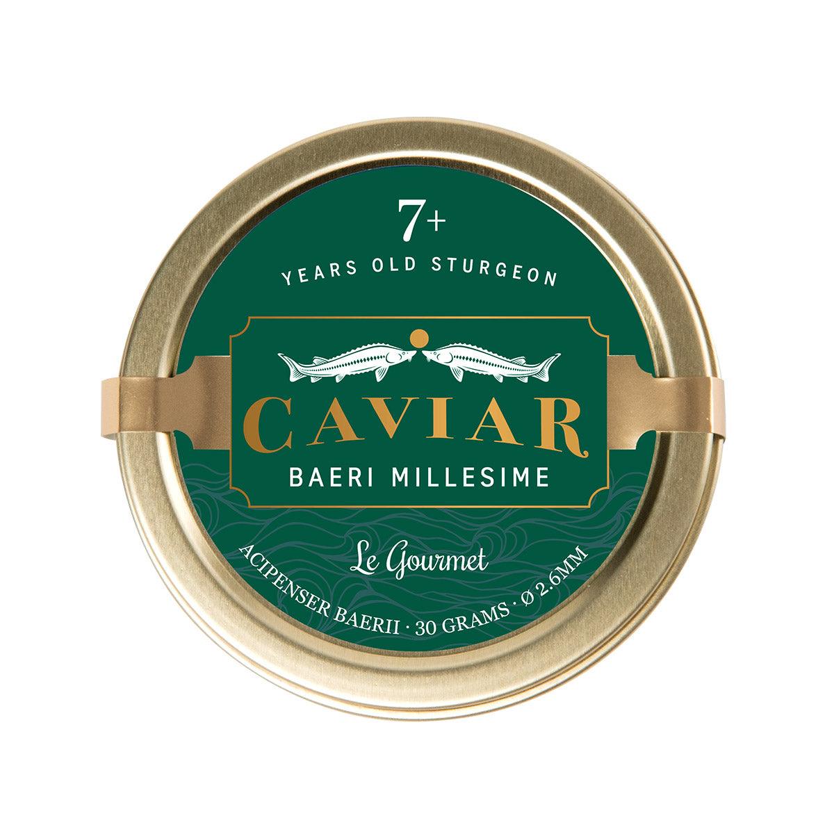 LE GOURMET Baeri Millesime caviar tin lid with green label and gold rim