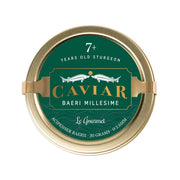 LE GOURMET Baeri Millesime caviar tin lid with green label and gold rim