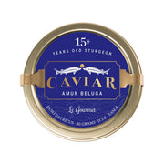 Beluga caviar tin with blue label and gold rim
