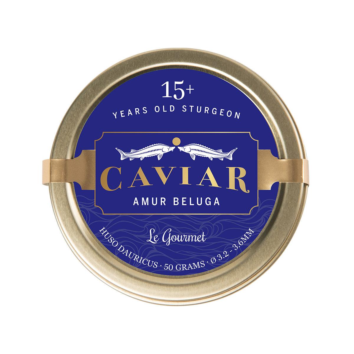 Caviar tin with blue 'Caviar Amur Beluga' label